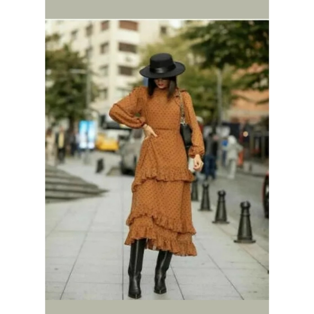 ZARA TOBACCO RUFFLED POLKA DOT DRESS SEMI SHEER LO